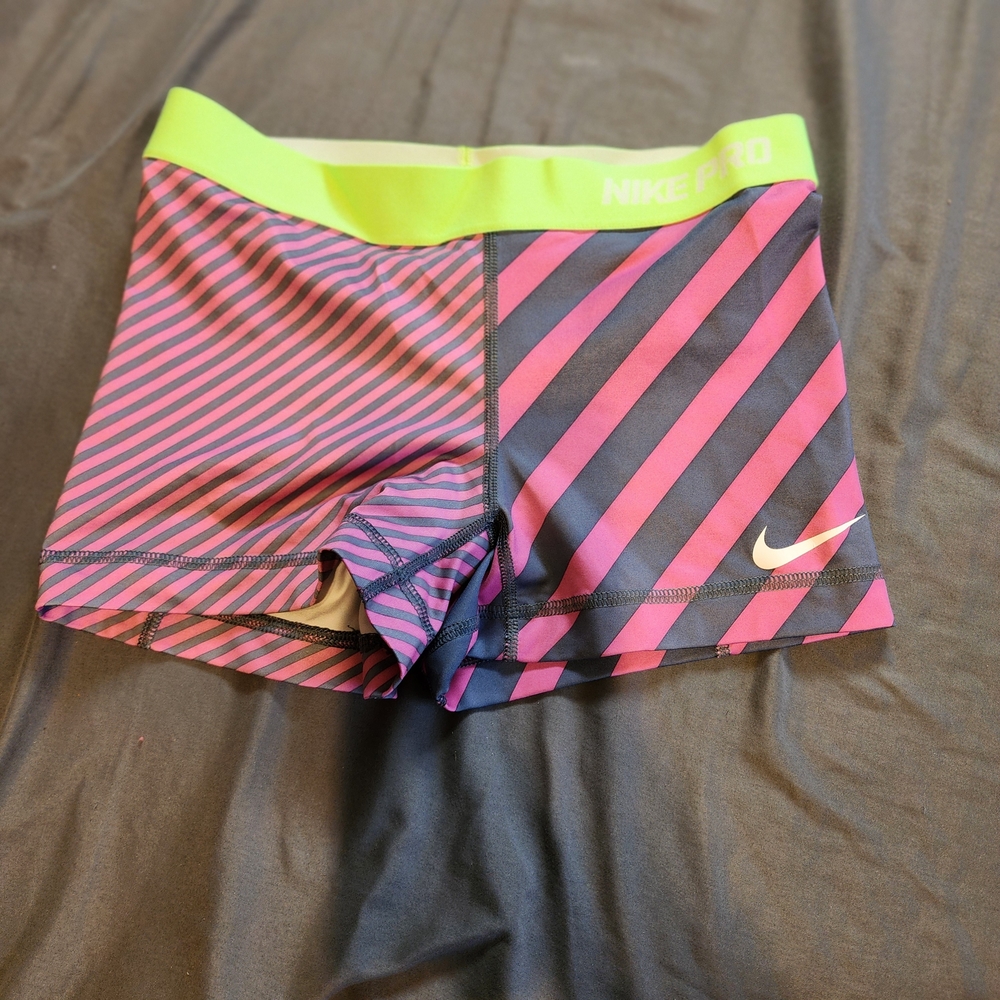 Nike Pro Pink and Gray Striped Athletic Shorts